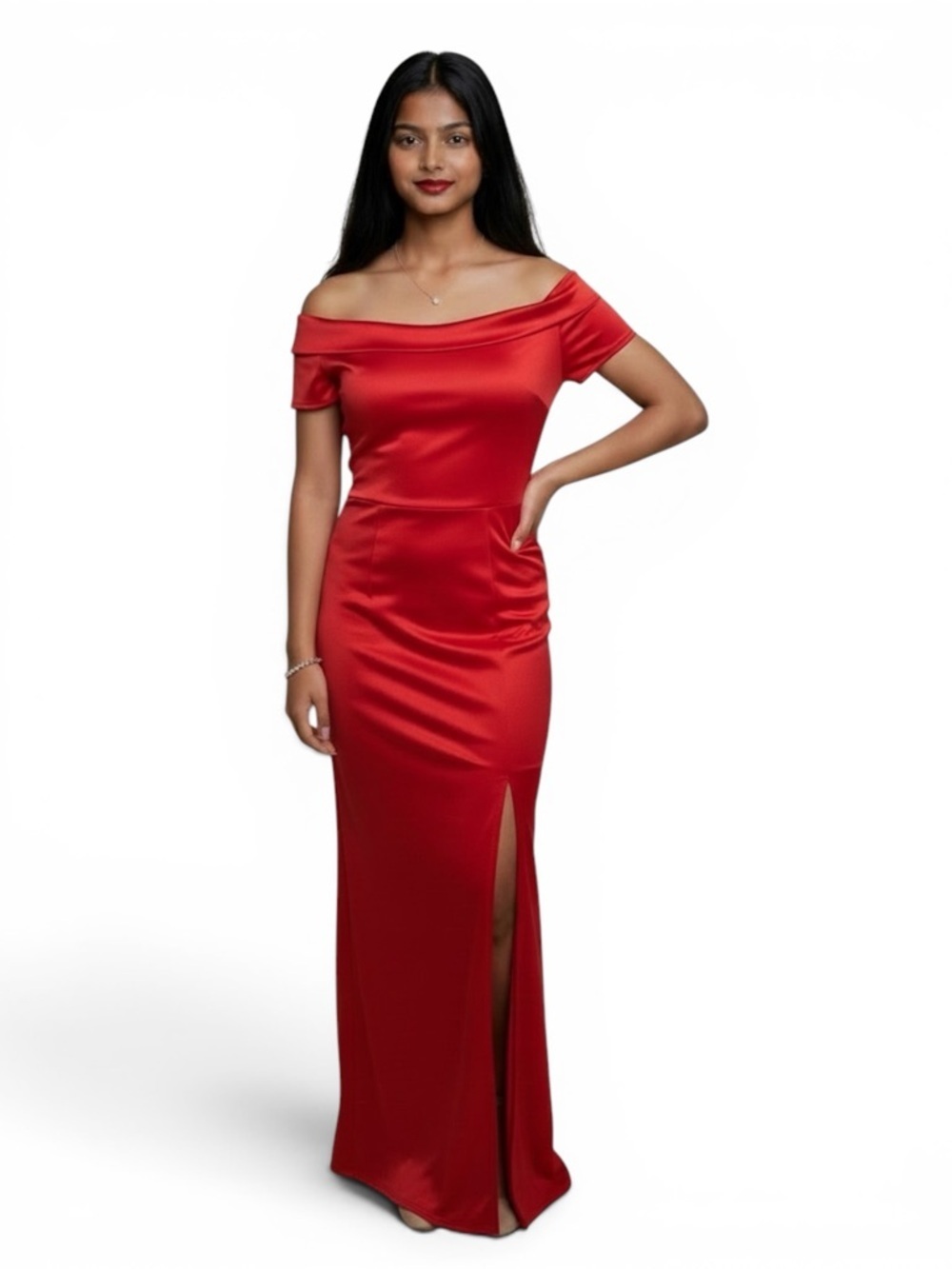 OYS Red Satin Off Shoulder Midi Dress Slit Ruched Small Elegant Formal